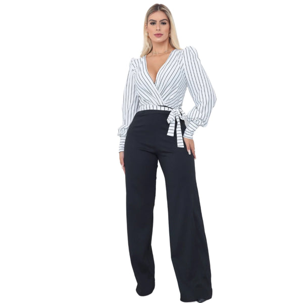 Macacão Feminino Longo Pantalona  com malha canelada decote em laço moda feminina